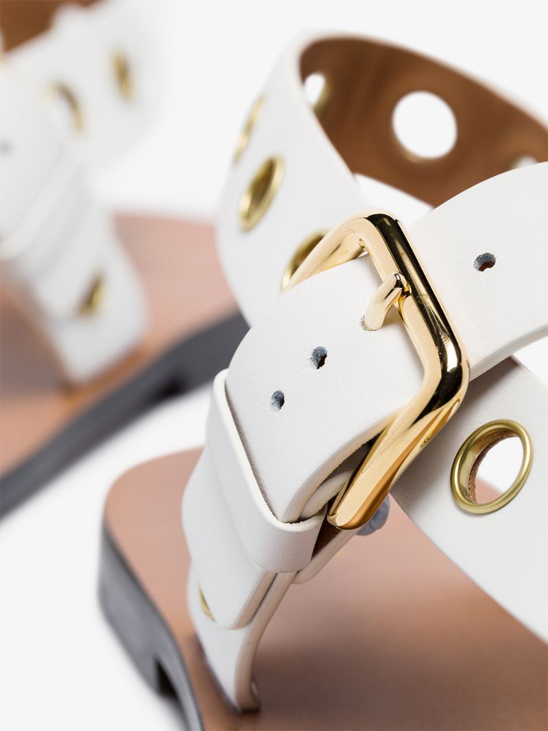 White Leather Gold Rivet Flat Sandals