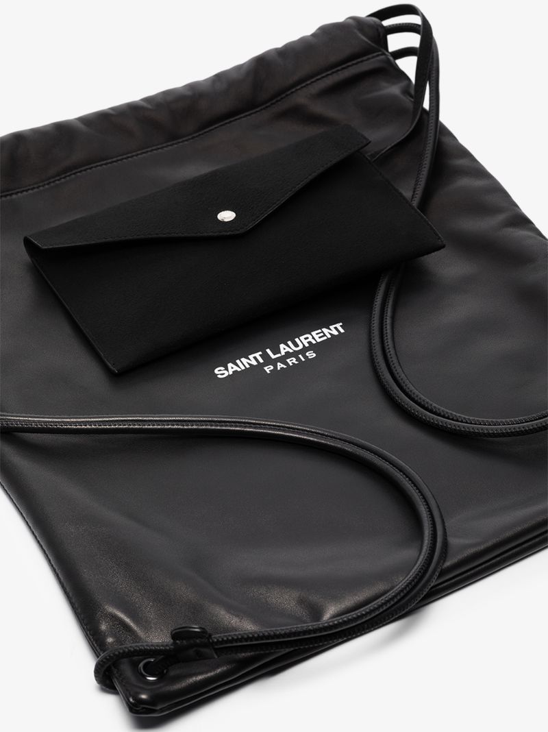 Black Drawstring Logo Print Leather Backpack