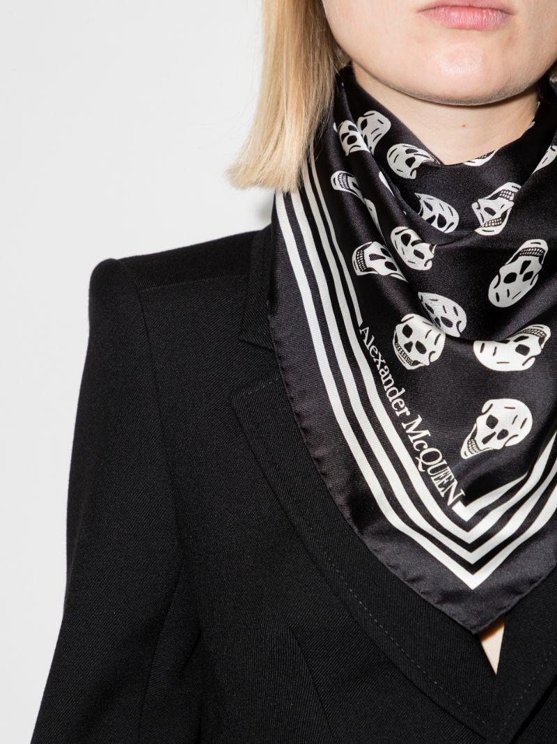 Black and White Biker Skull Print Silk Scarf