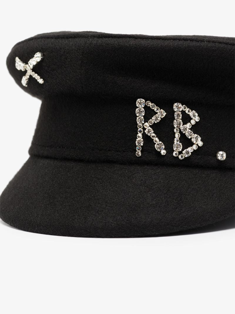 Black Embellished Wool Baker Boy Hat