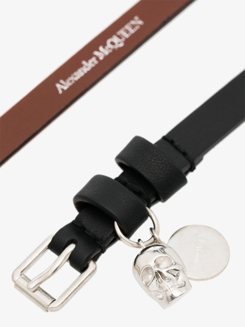Black and Silver-tone Skull Wrap Leather Bracelet