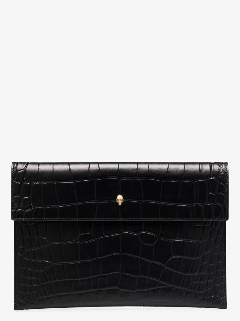 Black Mock Croc Leather Envelope Clutch Bag