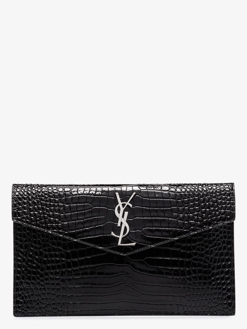 Black Uptown Mock Croc Leather Clutch Bag