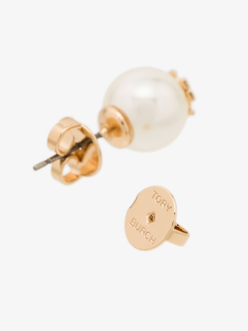 Gold Tone Logo Pearl Earrings