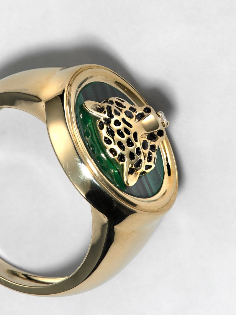 9k Yellow Gold Leopard Malachite Diamond Signet Ring