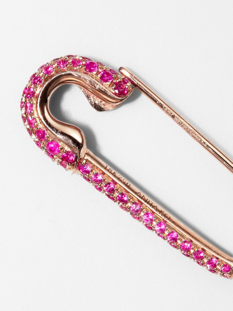 18k Rose Gold Safety Pin Ruby Earring