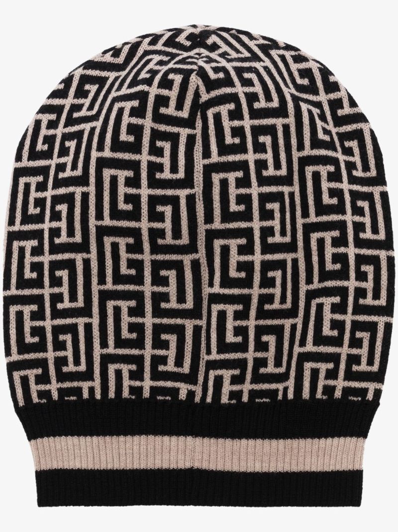 Black and Neutral Monogram Wool Beanie Hat