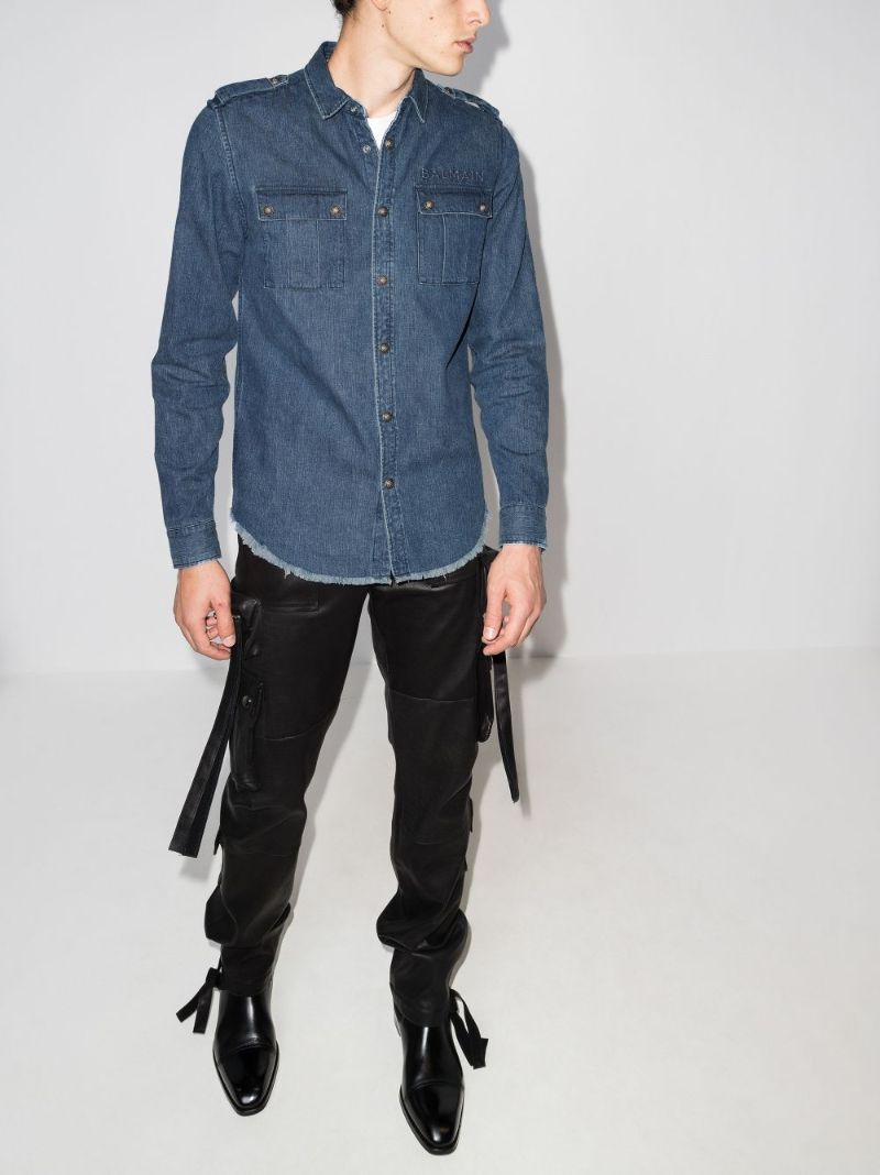 Embossed Raw Hem Denim Shirt
