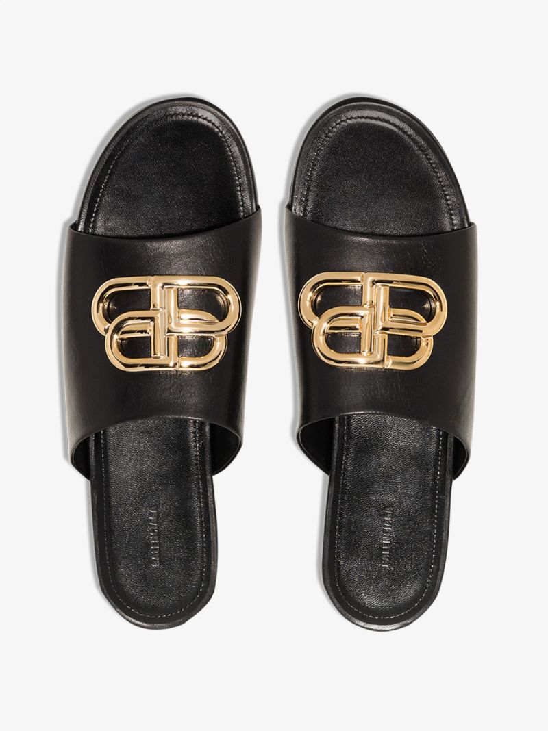 Black Oval Bb Leather Sandals