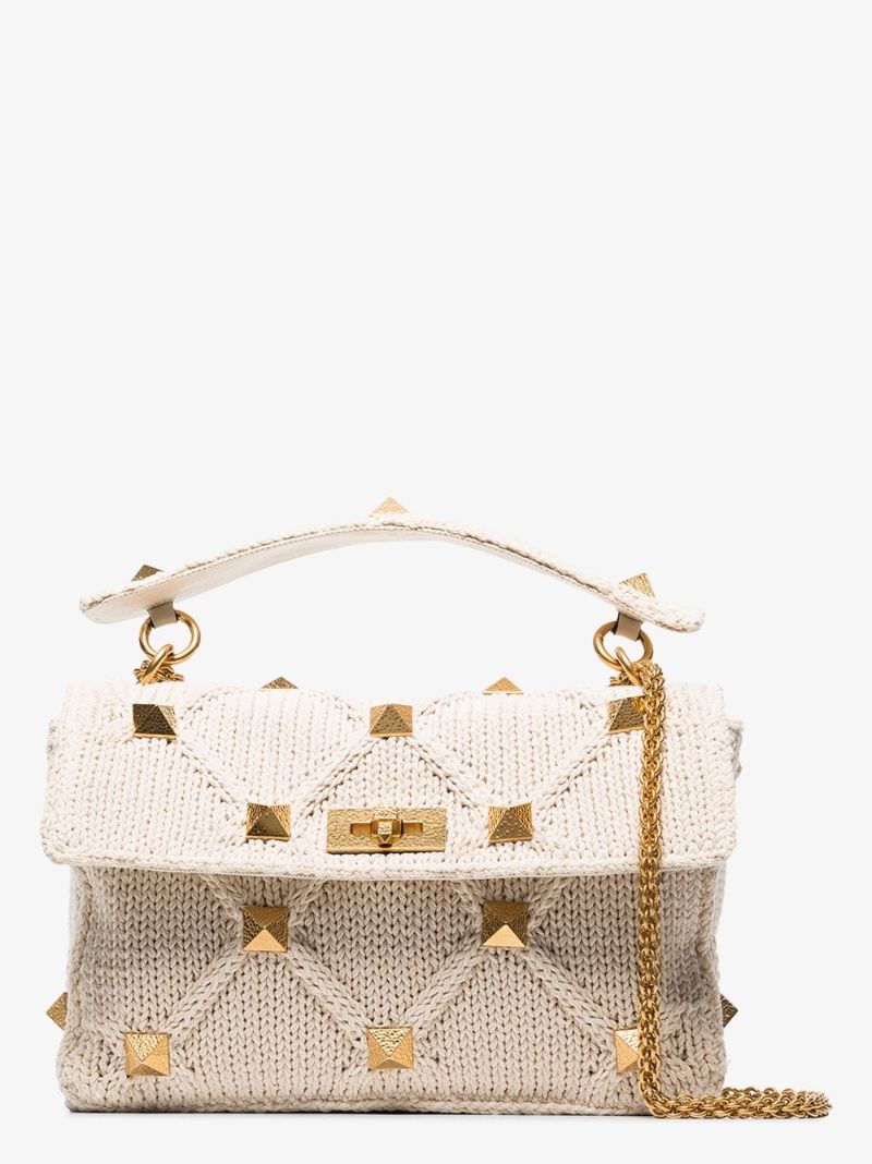 Neutral Knitted Roman Stud Top Handle Bag