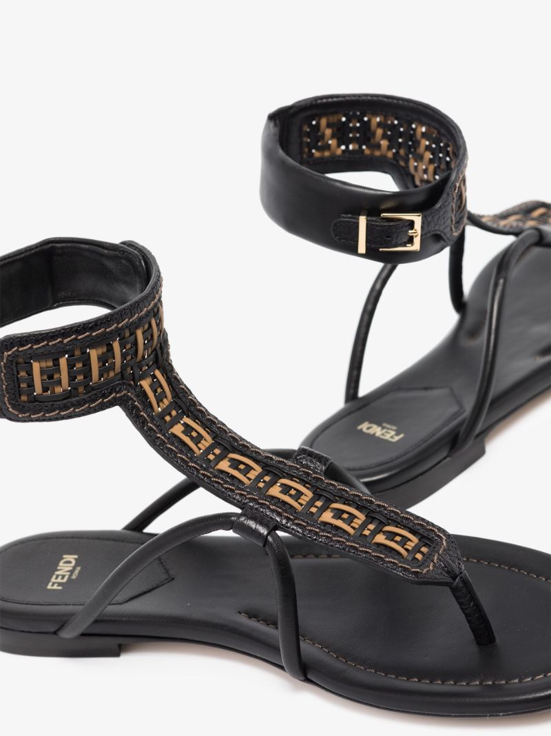 Black Ff Interlace Leather Sandals