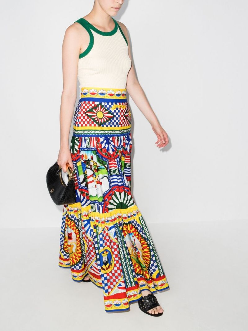 Carretto Print Pleated Maxi Skirt