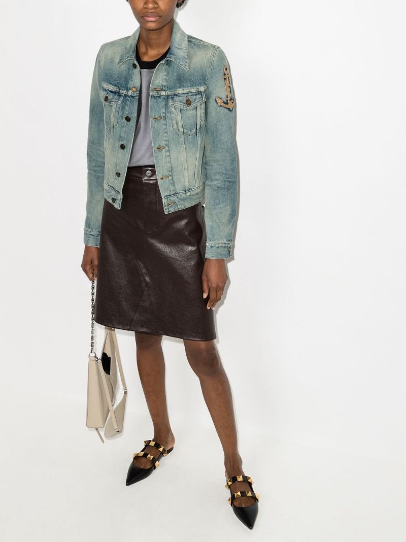 Blue Anchor Embroidery Cropped Denim Jacket