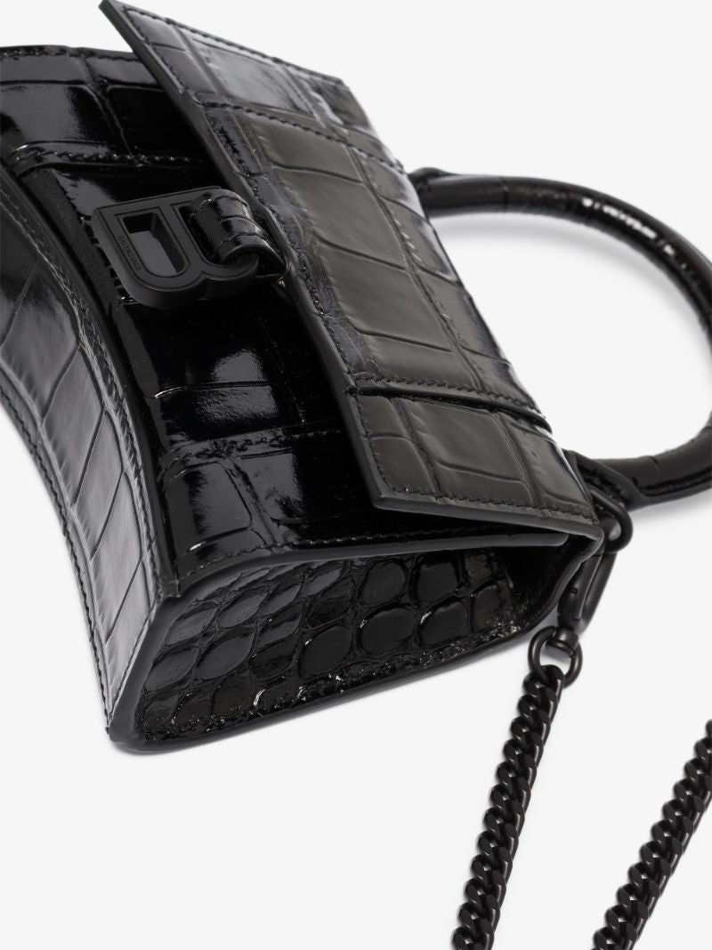 Black Hourglass Mini Mock Croc Leather Top Handle Bag