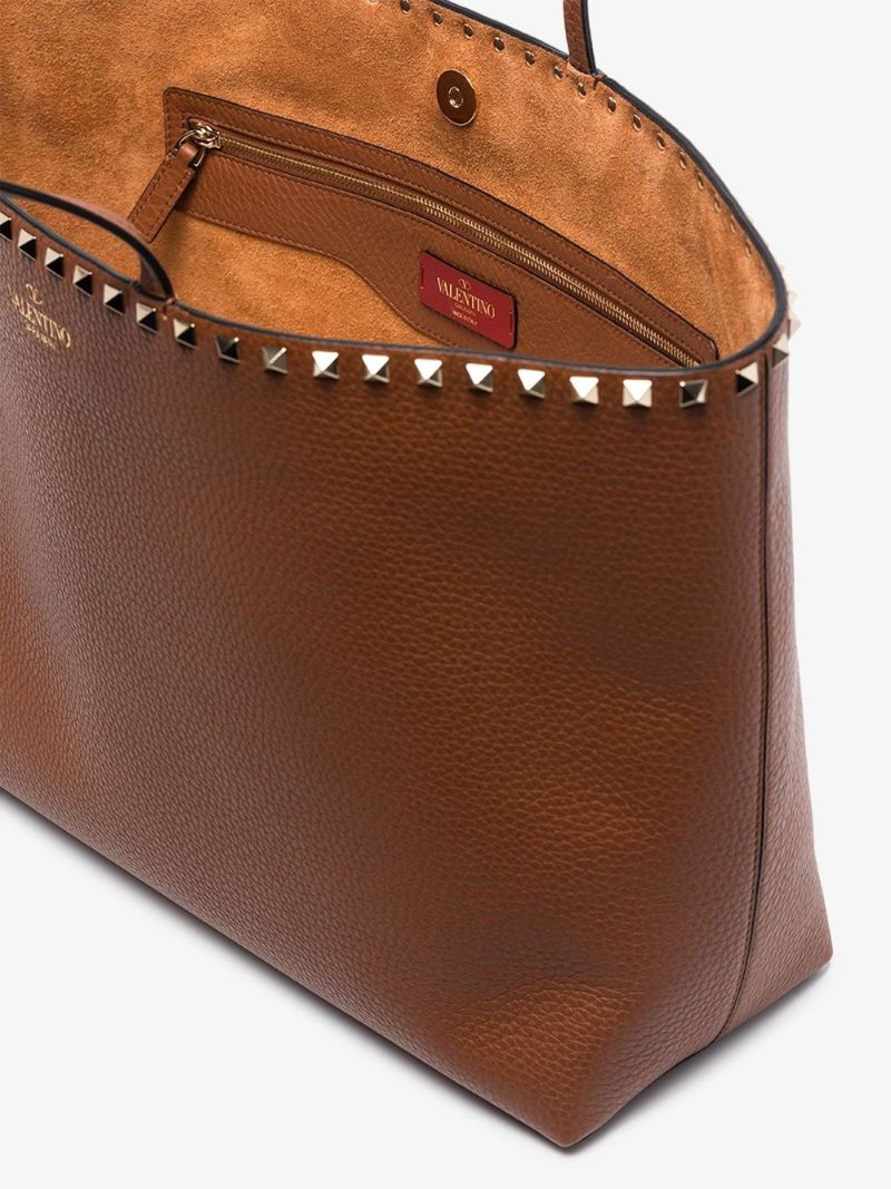 Brown Rockstud Large Leather Tote Bag