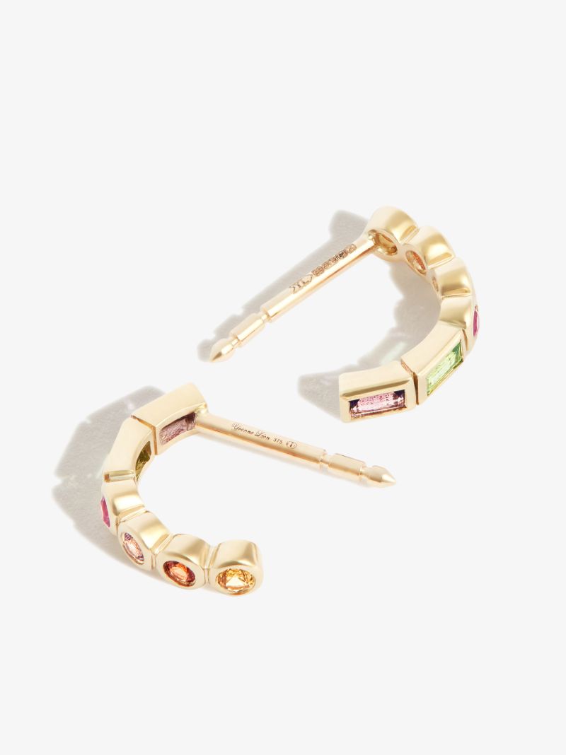 14k Yellow Gold Riviere Rainbow Gemstone Earrings