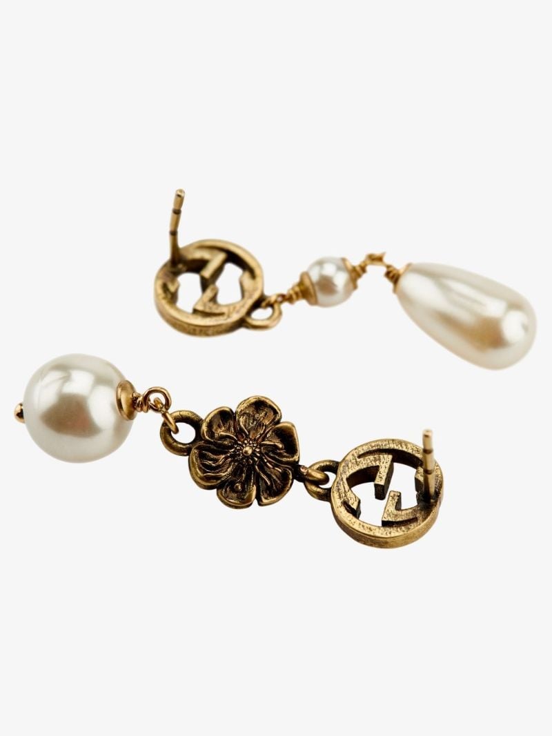 Gold Tone Gg Flower Pearl Drop Earrings