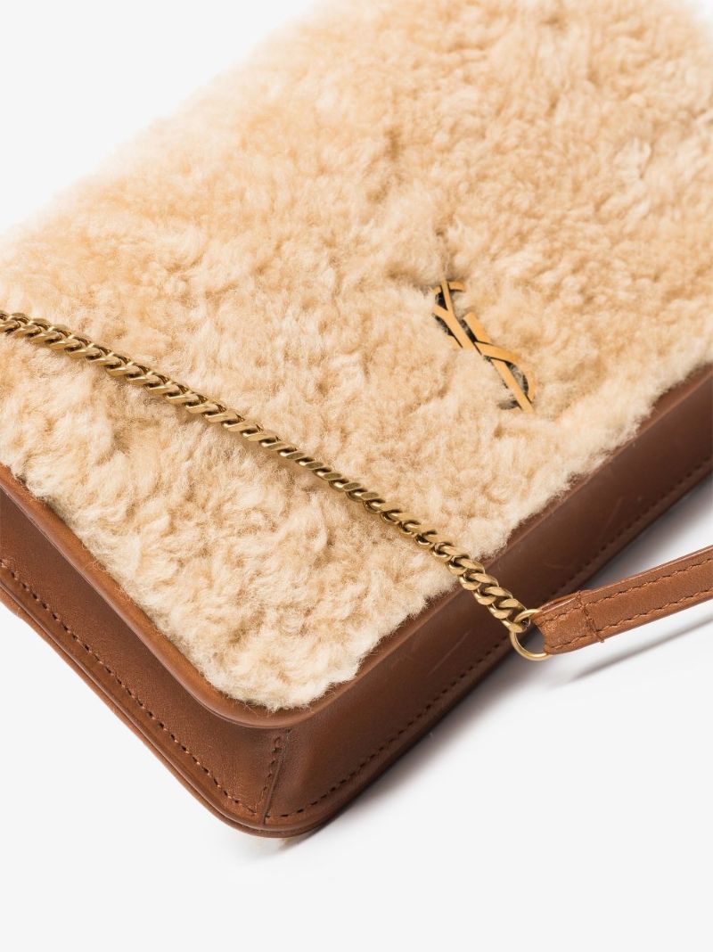 Brown and Neutral Shearling Phone Holder Bag
