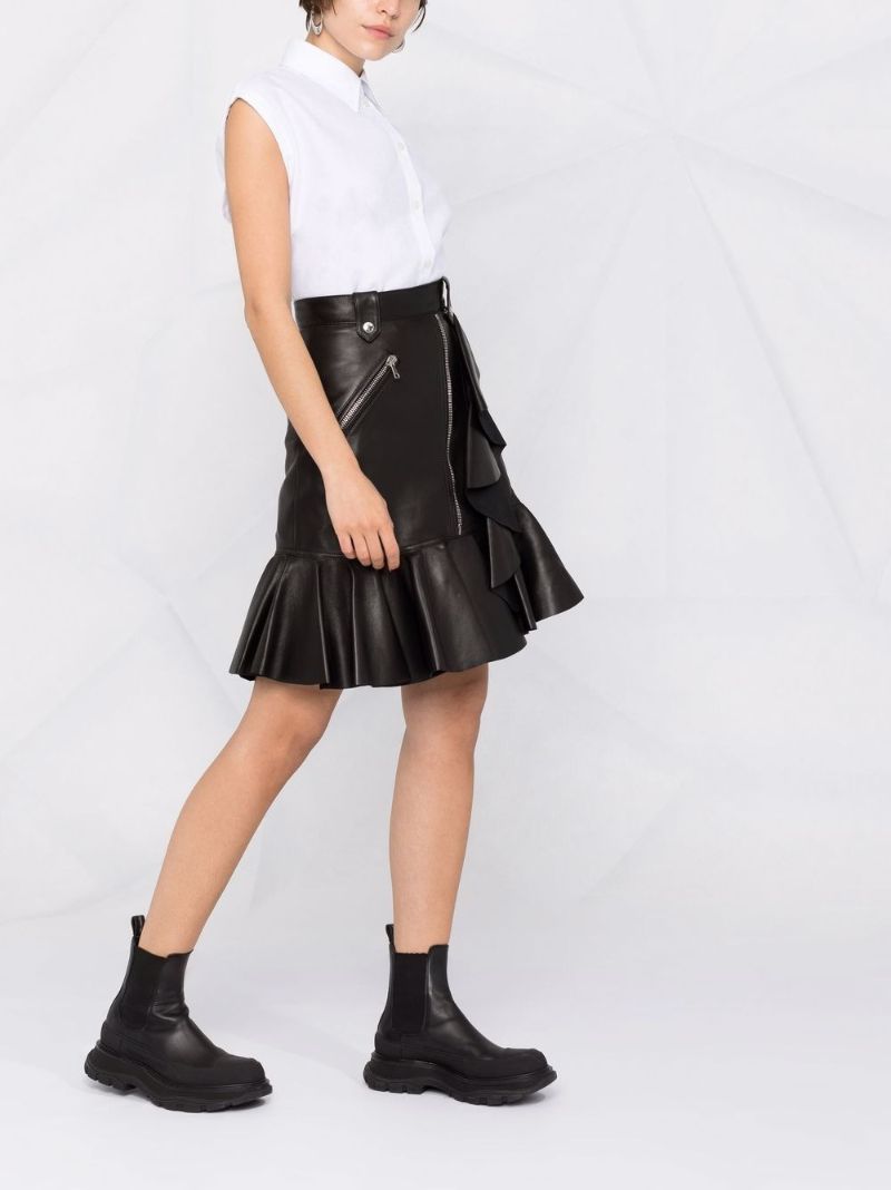 Black Leather Peplum-hem Skirt