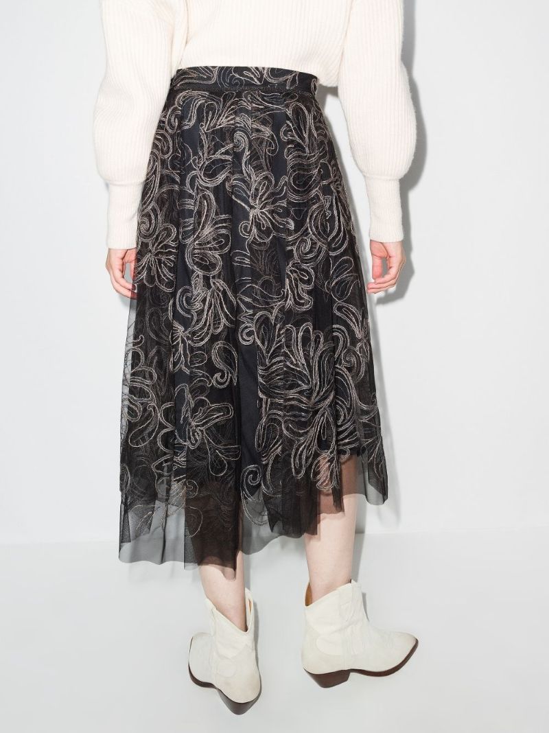 Asymmetric Embroidered Tulle Midi Skirt