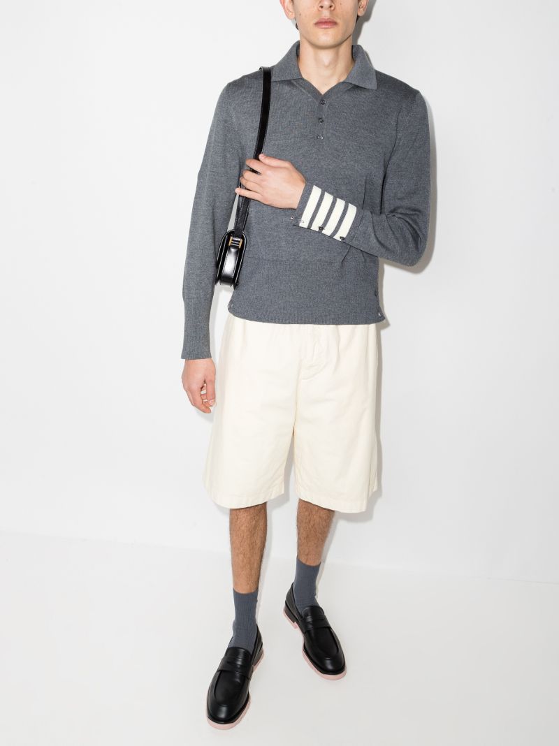 Grey 4-bar Stripe Long Sleeve Wool Polo Top
