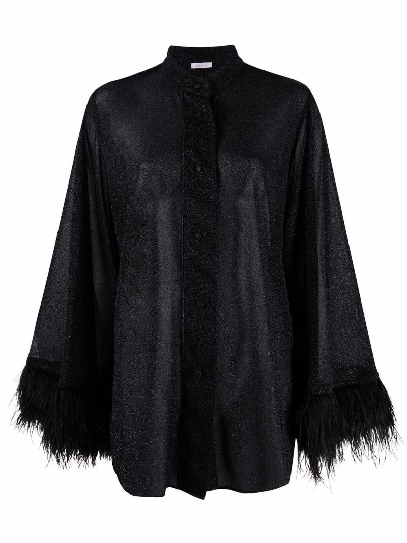 Black Feather-trim Semi-sheer Blouse