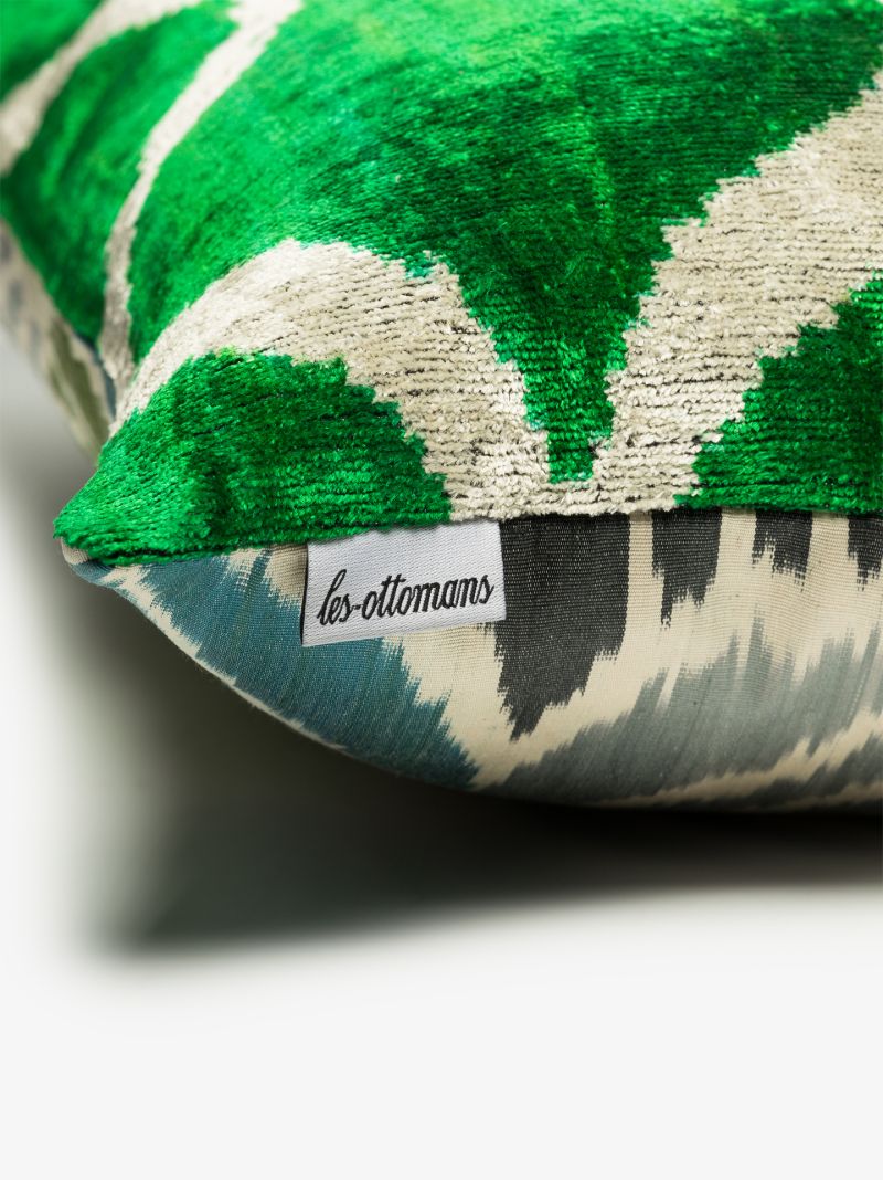 Green Ikat Print Reversible Silk Cushion