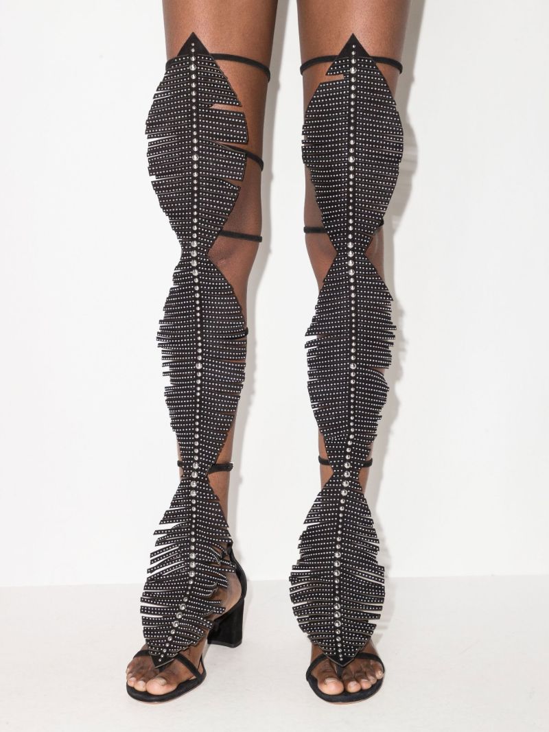 Black Fringed Knee-high Leather Gladiator Sandals