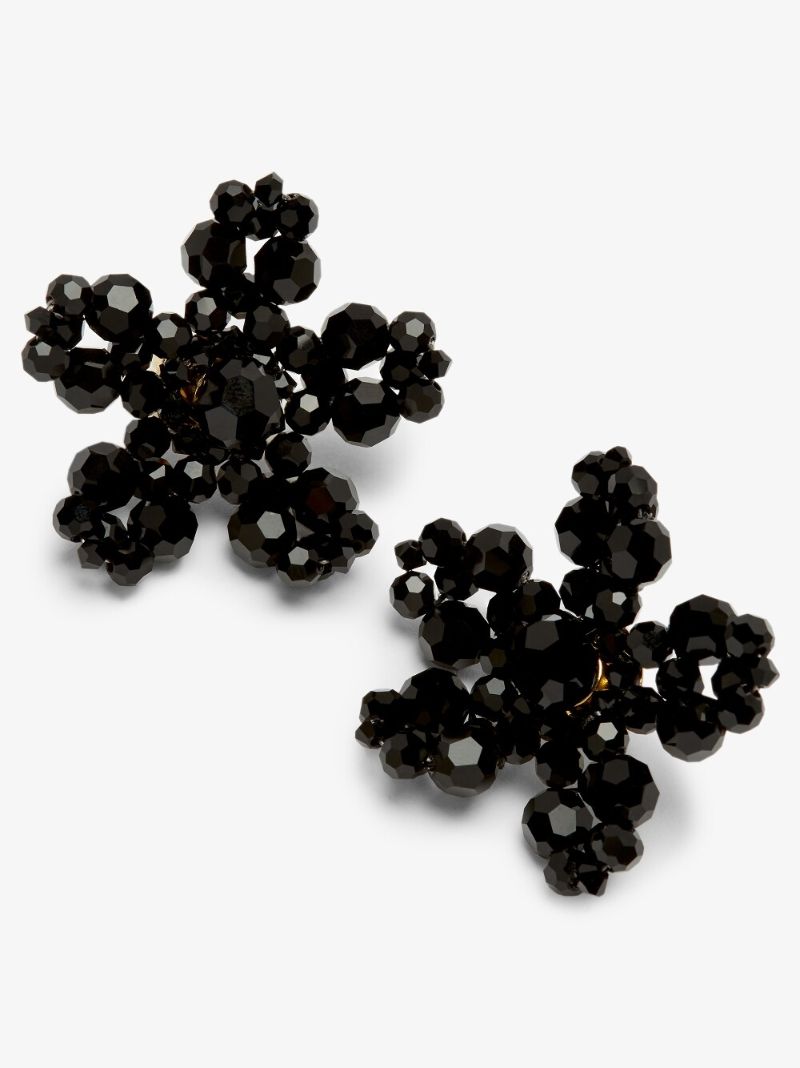 Black Crystal Flower Stud Earrings