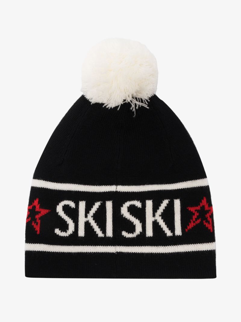 Black Ski Wool Beanie Hat