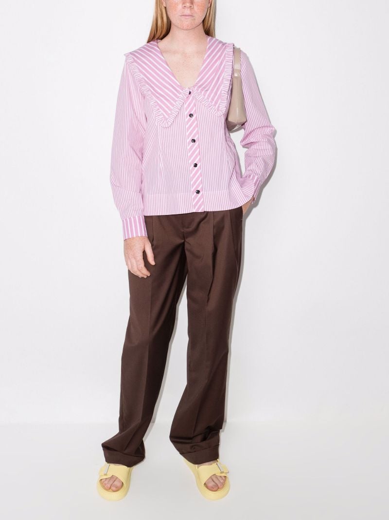 Wide Collar Striped Frill Cotton Shirt