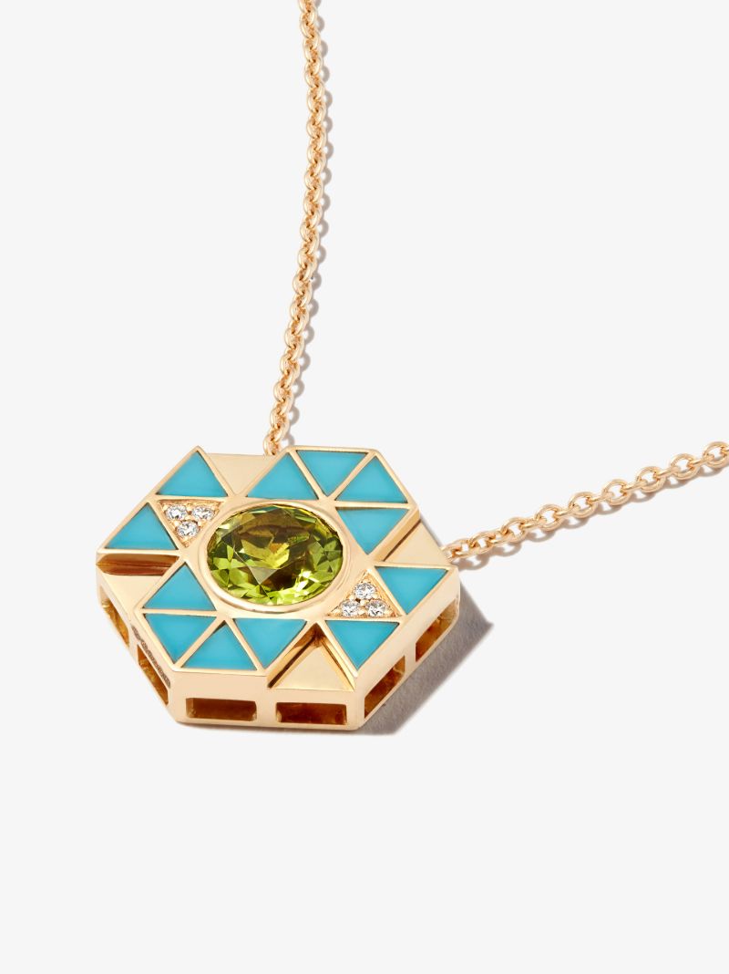 18k Yellow Gold Evil Eye Turquoise and Peridot Pendant Necklace