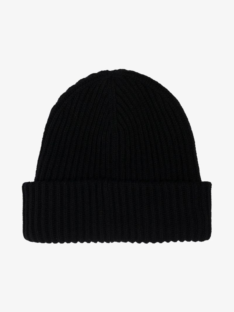 Black Logo Ribbed Knit Beanie Hat