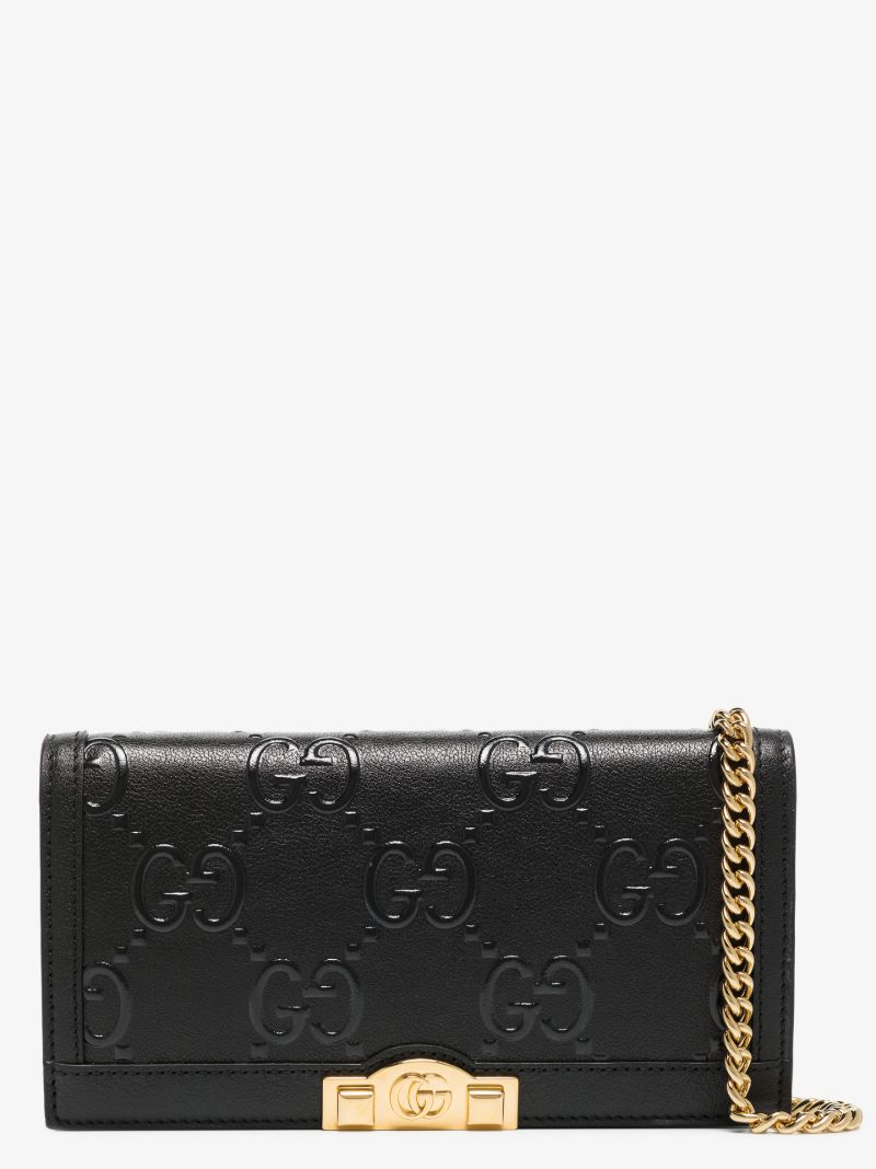 Black Gg Embossed Leather Wallet on Chain