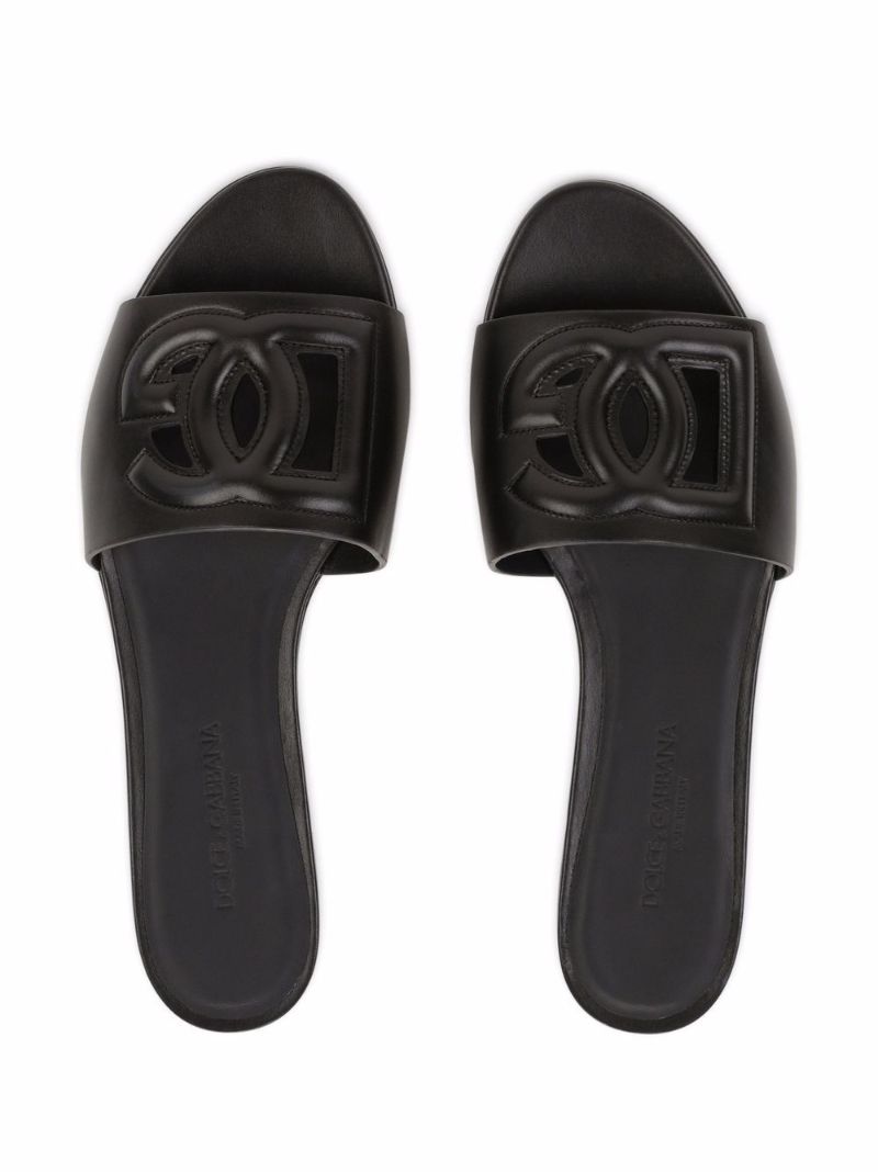 Black Logo Embossed Leather Slides