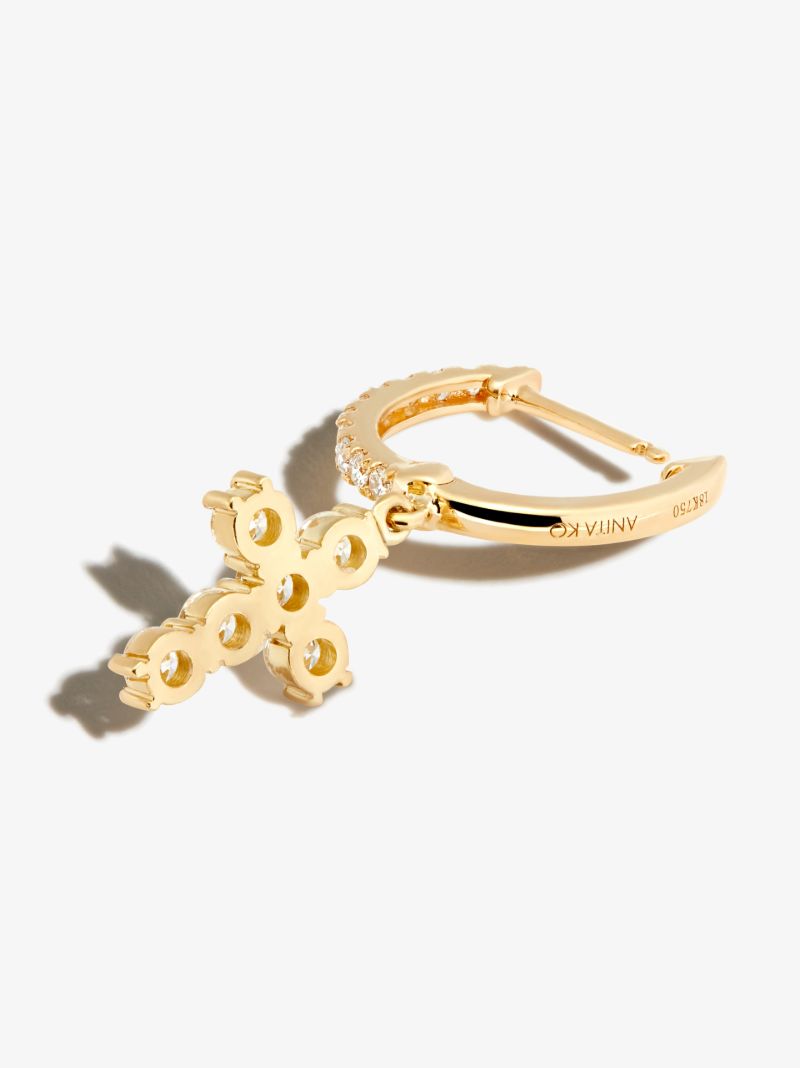 18k Yellow Gold Cross Diamond Hoop Earring