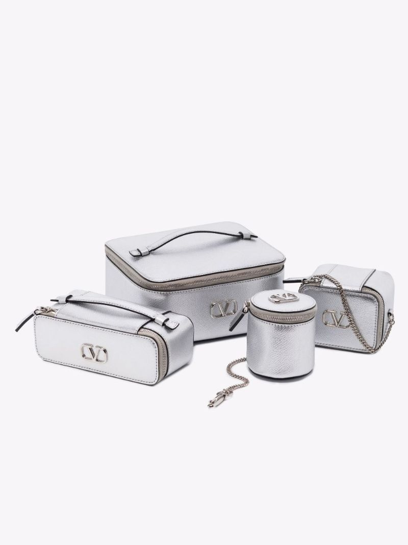 Silver Vlogo Signature Leather Cosmetic Case