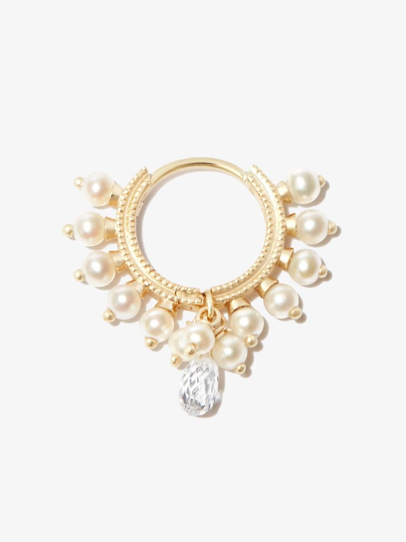 18k Yellow Gold Coronet Diamond and Pearl Hoop Earring