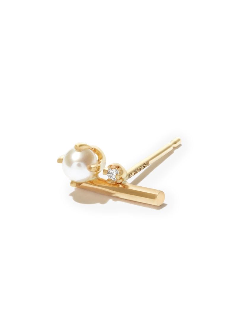 14k Yellow Gold Pearl and Diamond Bar Stud Earrings