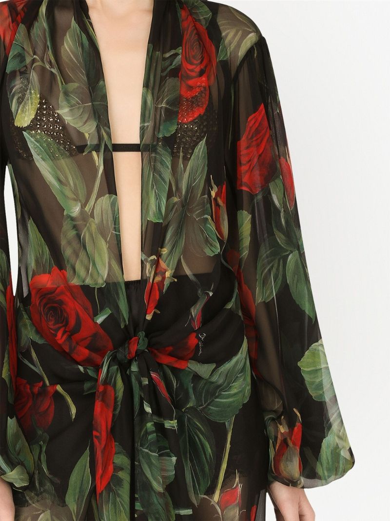 Black Rose Print Knotted Midi Dress