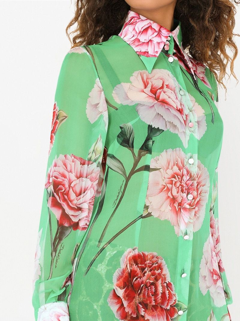 Green Carnation Print Silk Chiffon Shirt