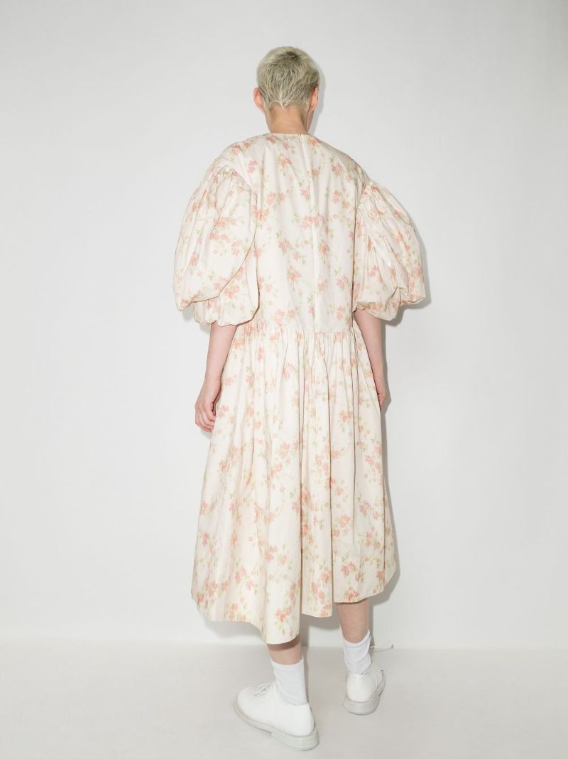 Puff Sleeve Floral Print Cotton Midi Dress