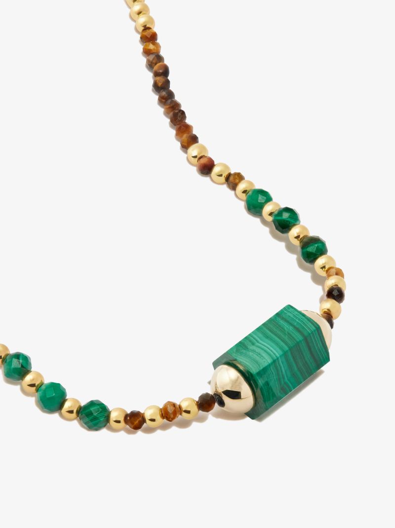 14k Yellow Gold Hexagon Malachite Beaded Necklace