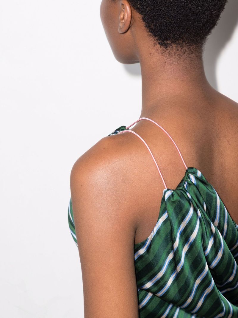 X Browns Focus Green Deva One Shoulder Striped Silk Top