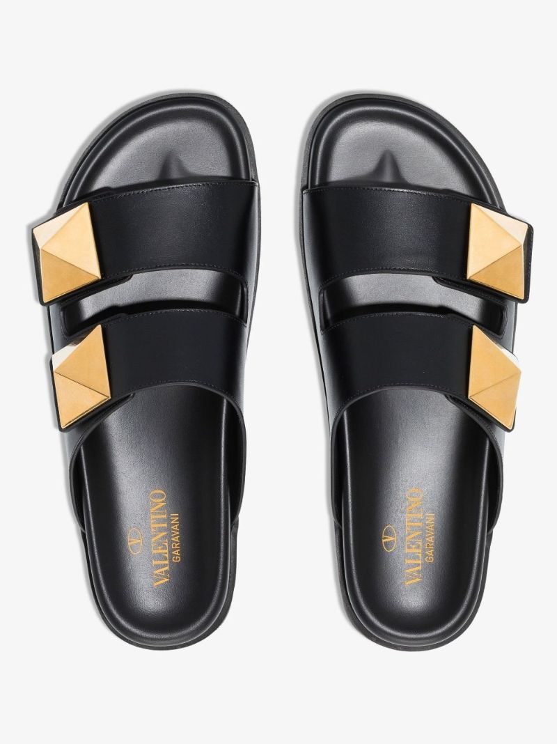 Black Rockstud Double Strap Leather Sandals