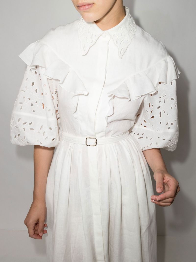 White Balloon Sleeve Linen Midi Dress