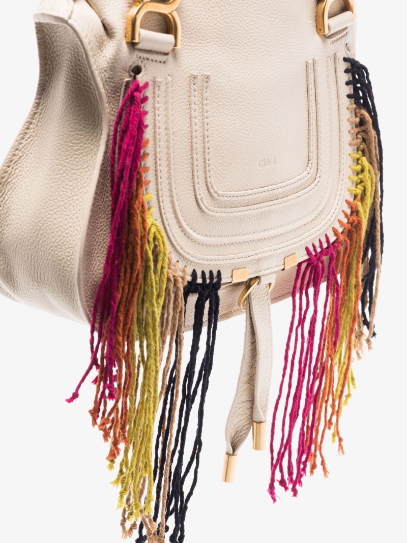 Neutral Marcie Small Fringed Leather Tote Bag