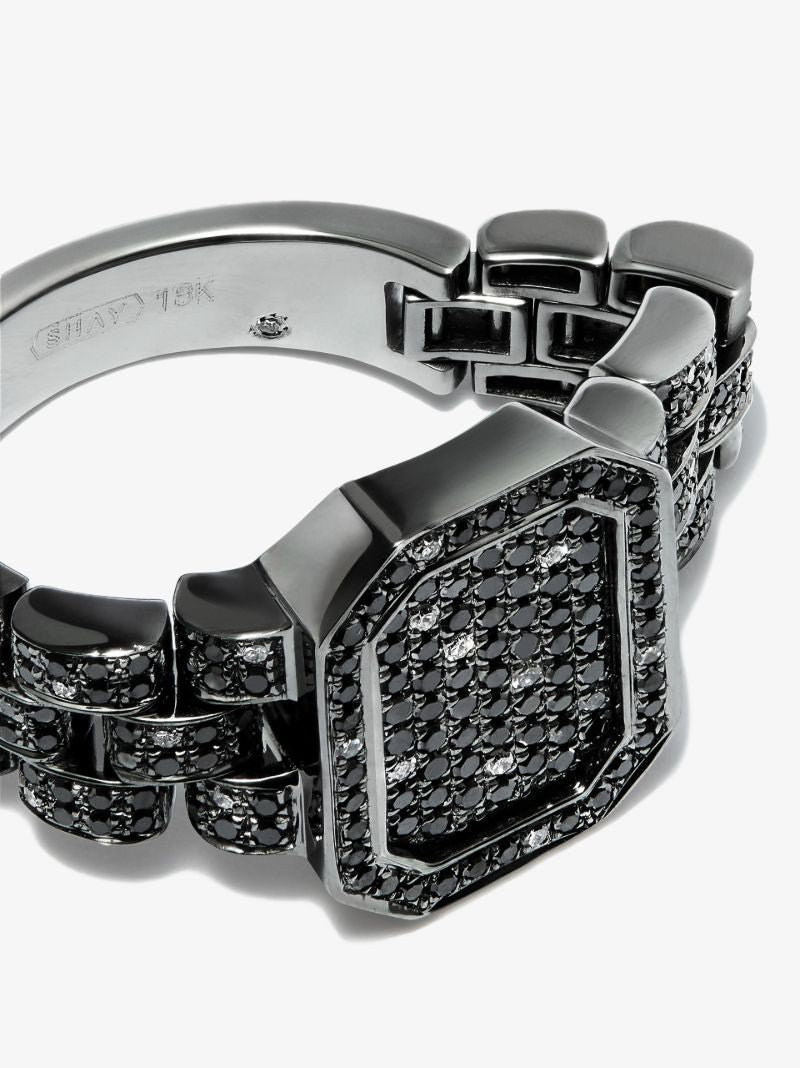 18k Black Gold Twinkle Rail Link Diamond Signet Ring