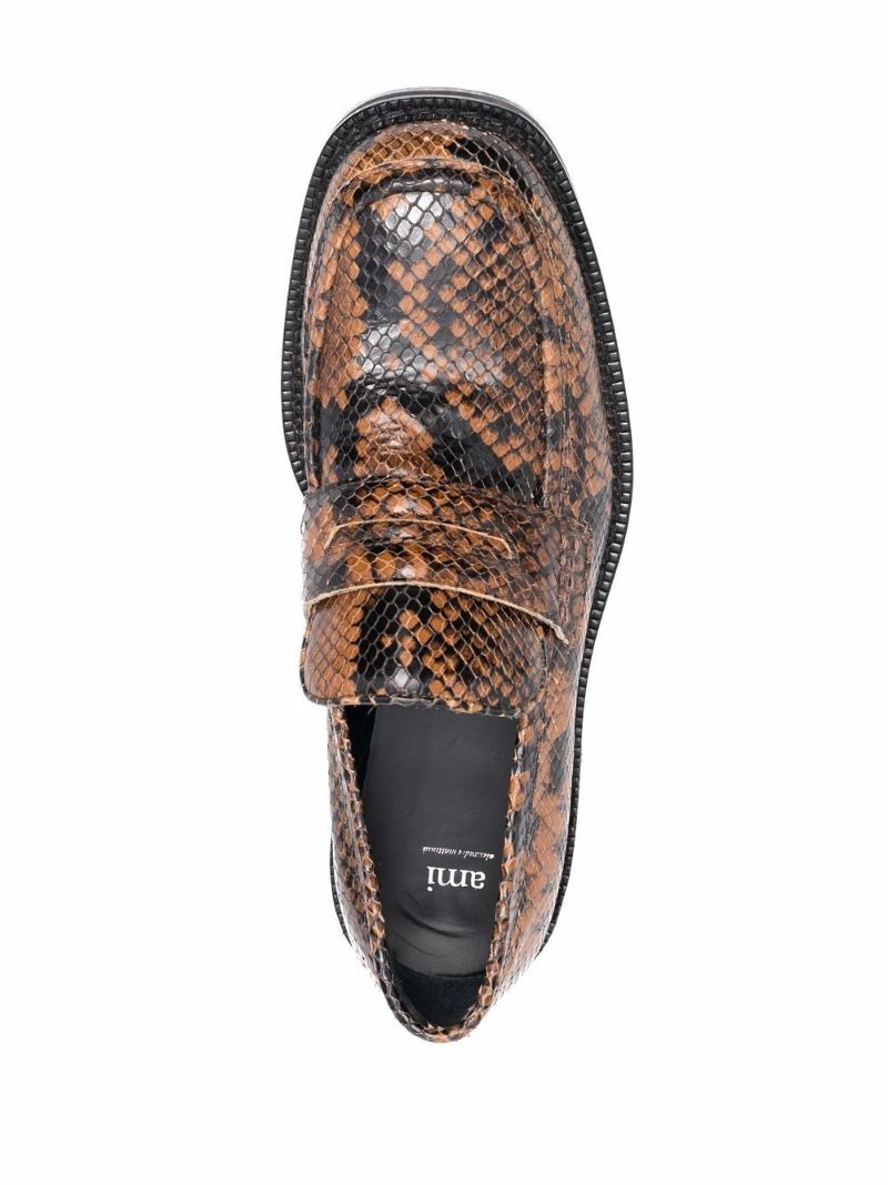 Brown Snakeskin Print Leather Loafers