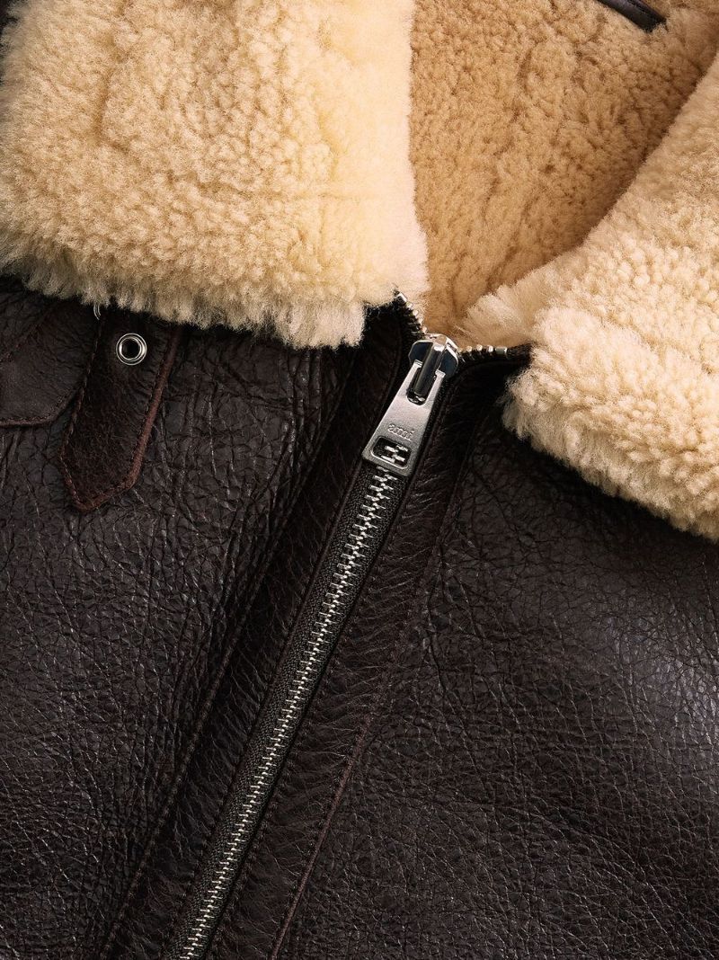 Brown Shearling-trimmed Cropped Jacket